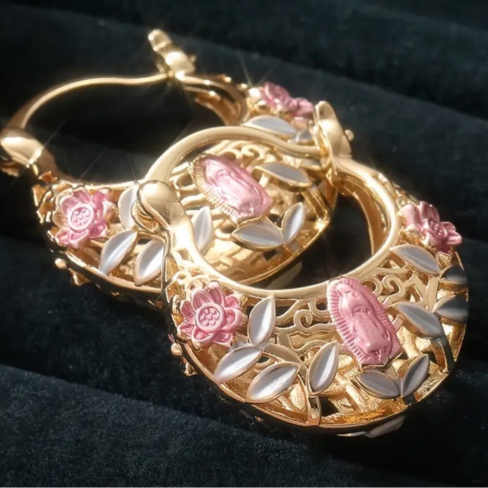 Mother Mary pink flower hoop earrings. Gold plated